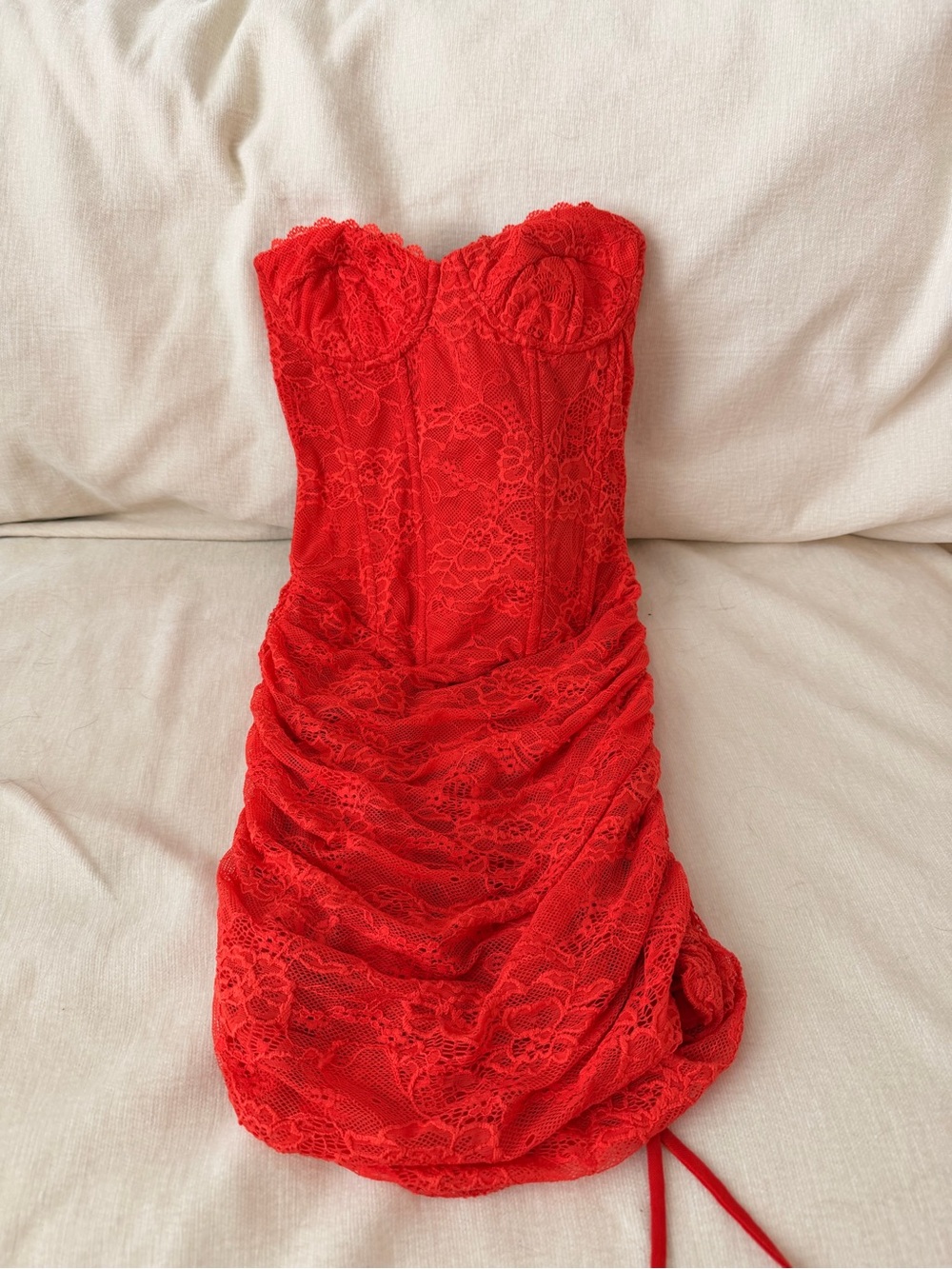 Strapless Red Lace Ruched Mini Dress